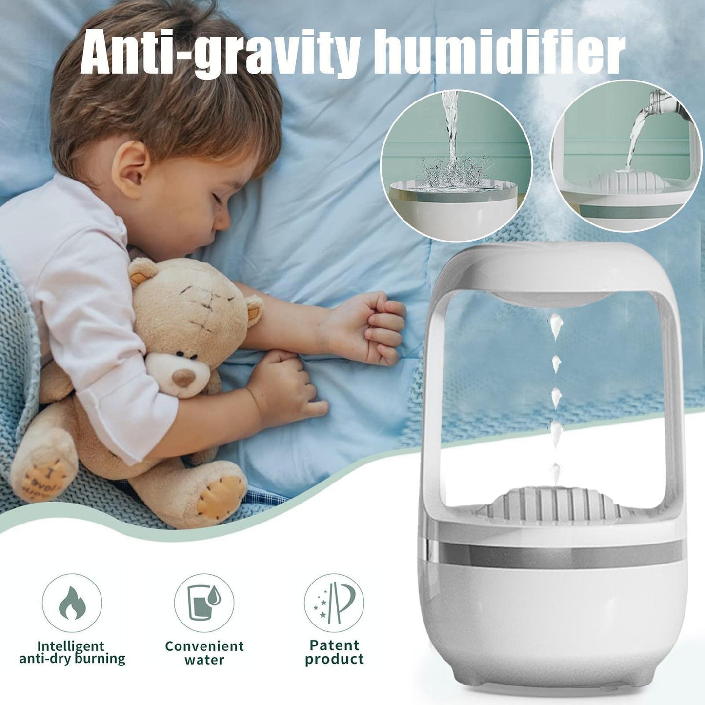 Humidificateur à gouttes d'eau,  Décoratif et Anti-gravité offrant brume ultrasonique