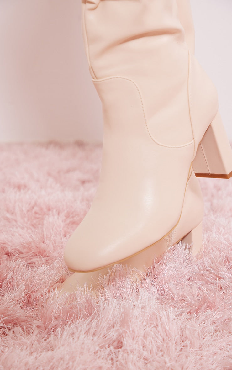 High boots in cream faux leather with high square heel and round toe stitching detail OLD MONEY