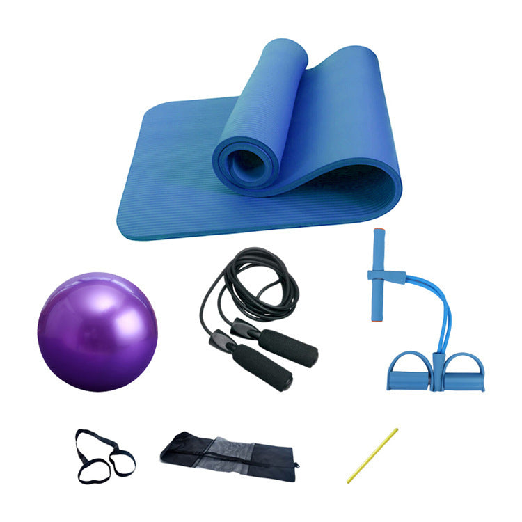 Yoga Mat Four-piece Suit Yoga Mat 10mm Two-strand Tensioner Black Skipping Pilates Ball Factory Direct Sales