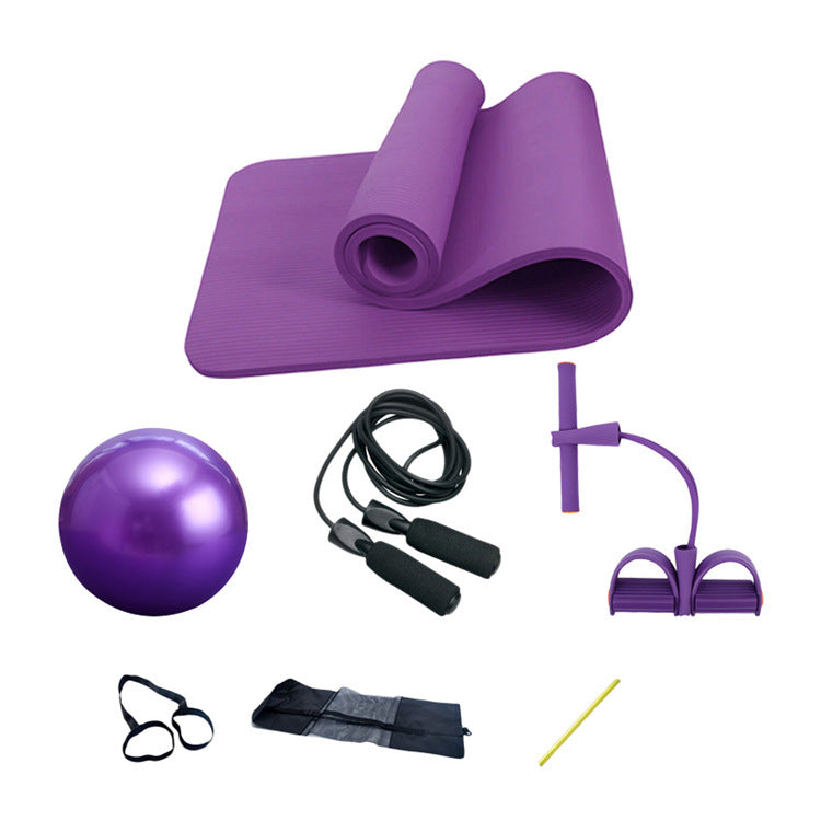 Yoga Mat Four-piece Suit Yoga Mat 10mm Two-strand Tensioner Black Skipping Pilates Ball Factory Direct Sales